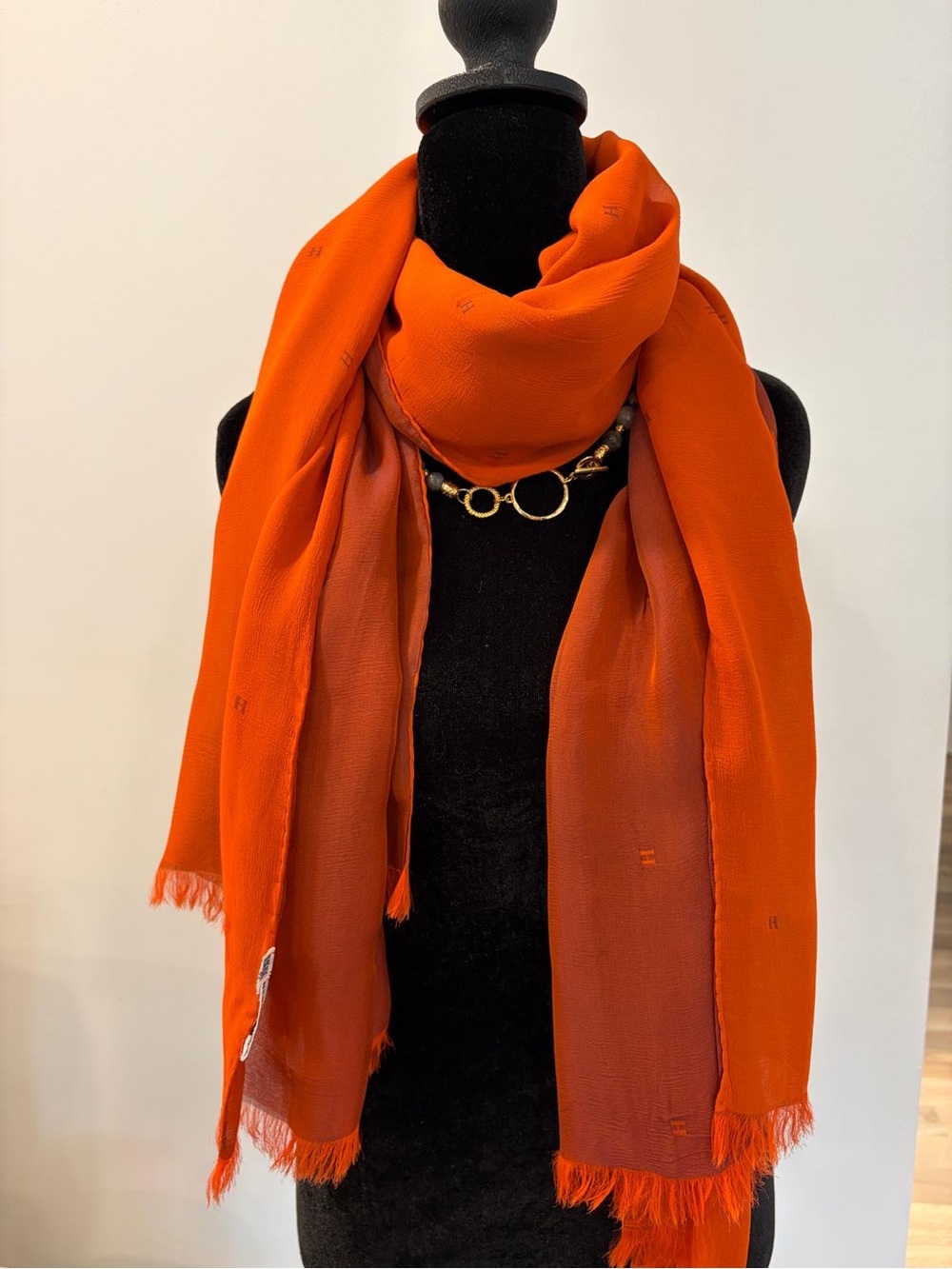 Hermes Silk Shawl Orange Fringe Made in France